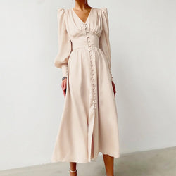 Buttoned Satin Long Dress