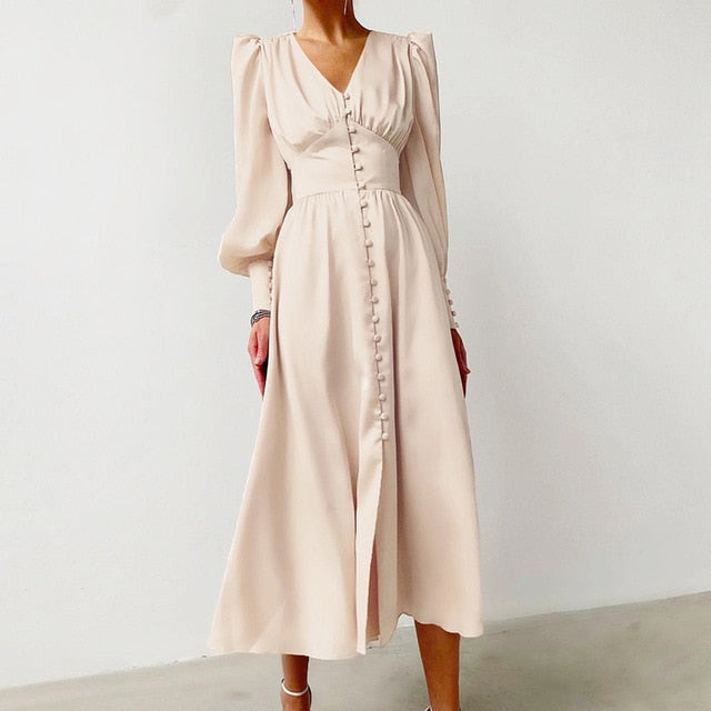 Buttoned Satin Long Dress