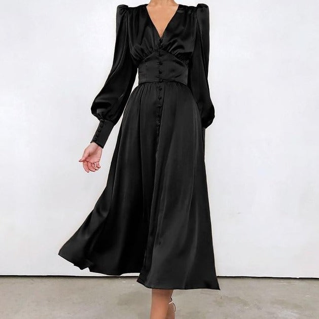 Buttoned Satin Long Dress