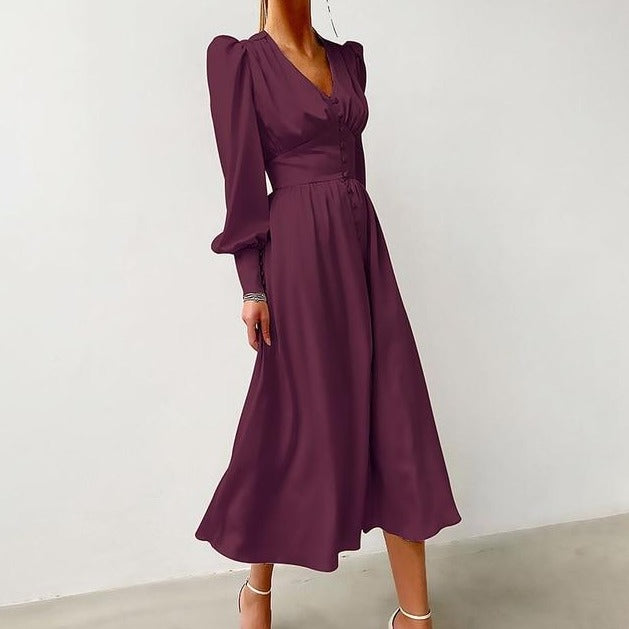 Buttoned Satin Long Dress