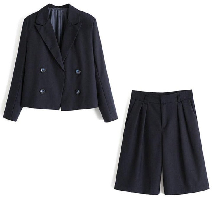 Elegant Dark Blue Blazer&Shorts Set