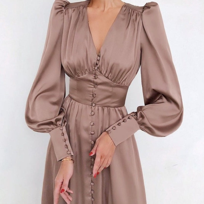 Buttoned Satin Long Dress